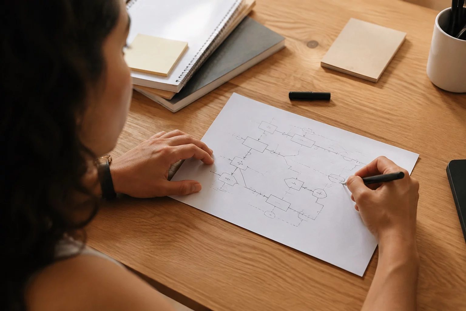 Vista de cima de uma mesa com um diagrama de lógica desenhado à mão