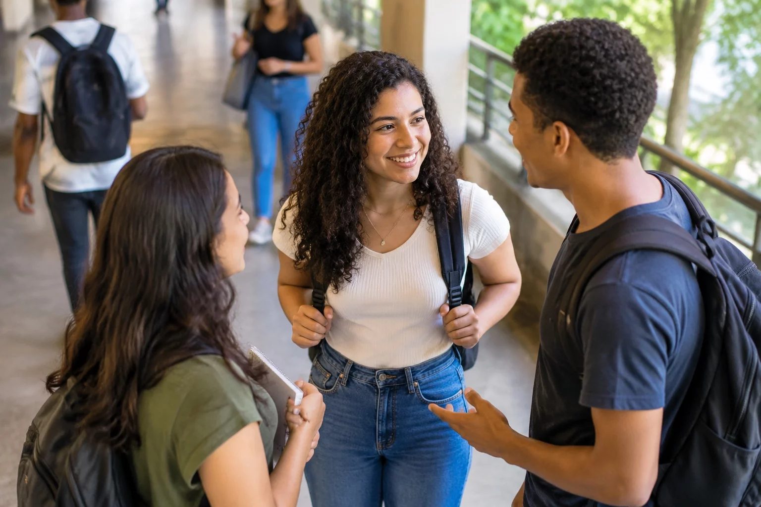 Estudantes com mochilas conversando no corredor de uma universidade