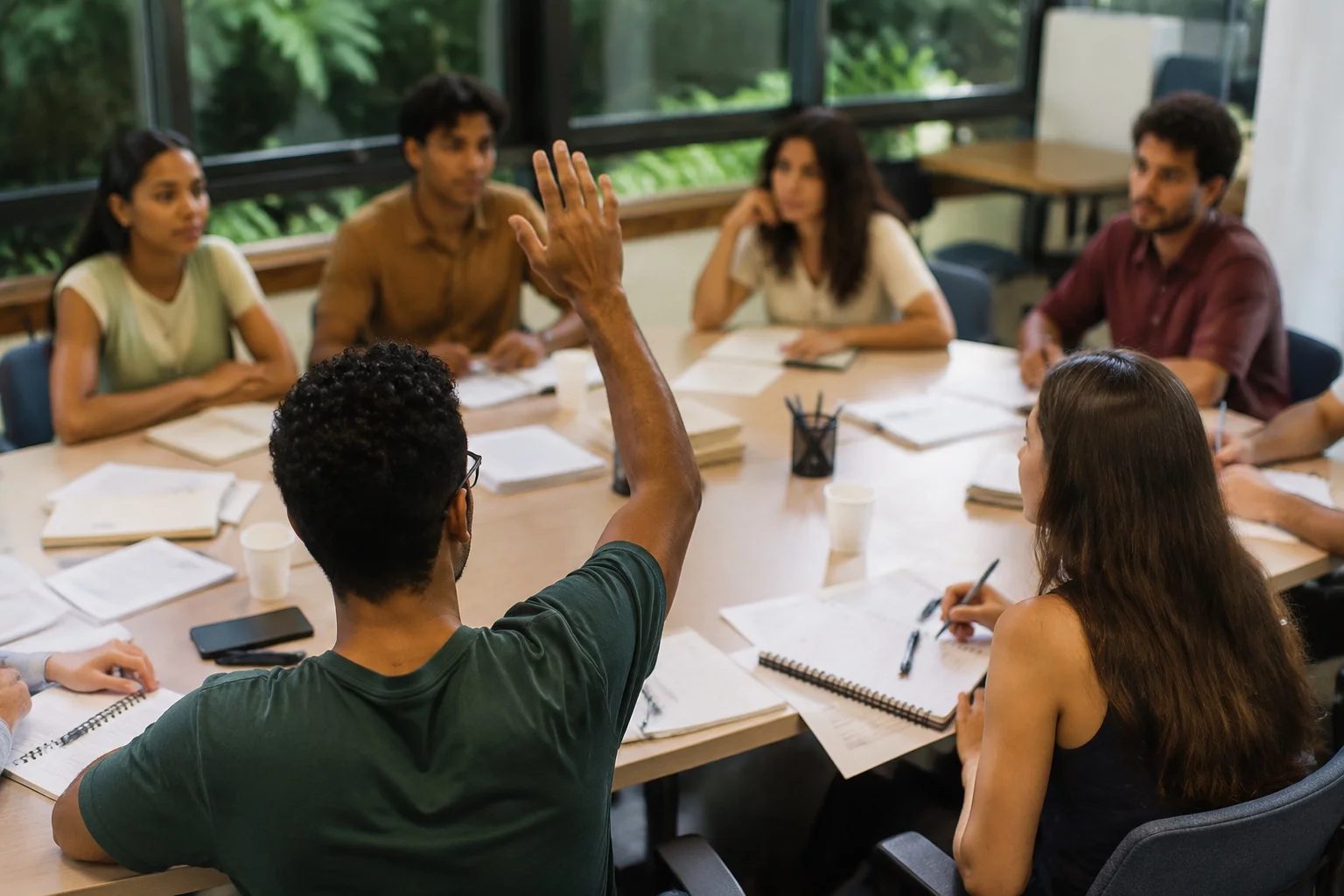 Estudante levantando a mão em uma mesa de seminário coberta de anotações