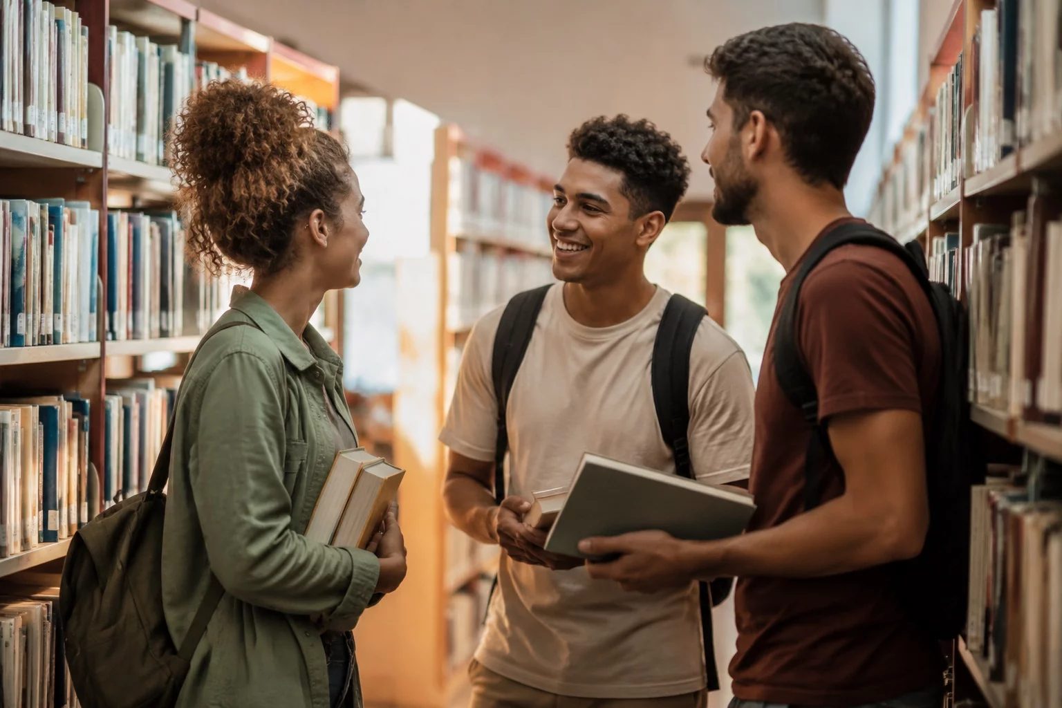 Estudantes conversando em pé entre as estantes de uma biblioteca