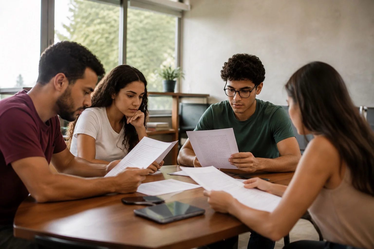 Grupo pequeno lendo páginas impressas de argumentos ao redor de uma mesa