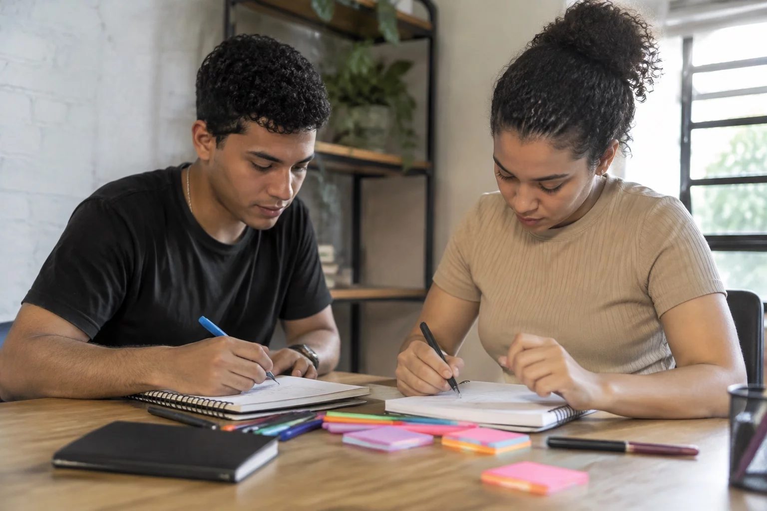 Dois estudantes preparando um debate com cadernos e marcadores